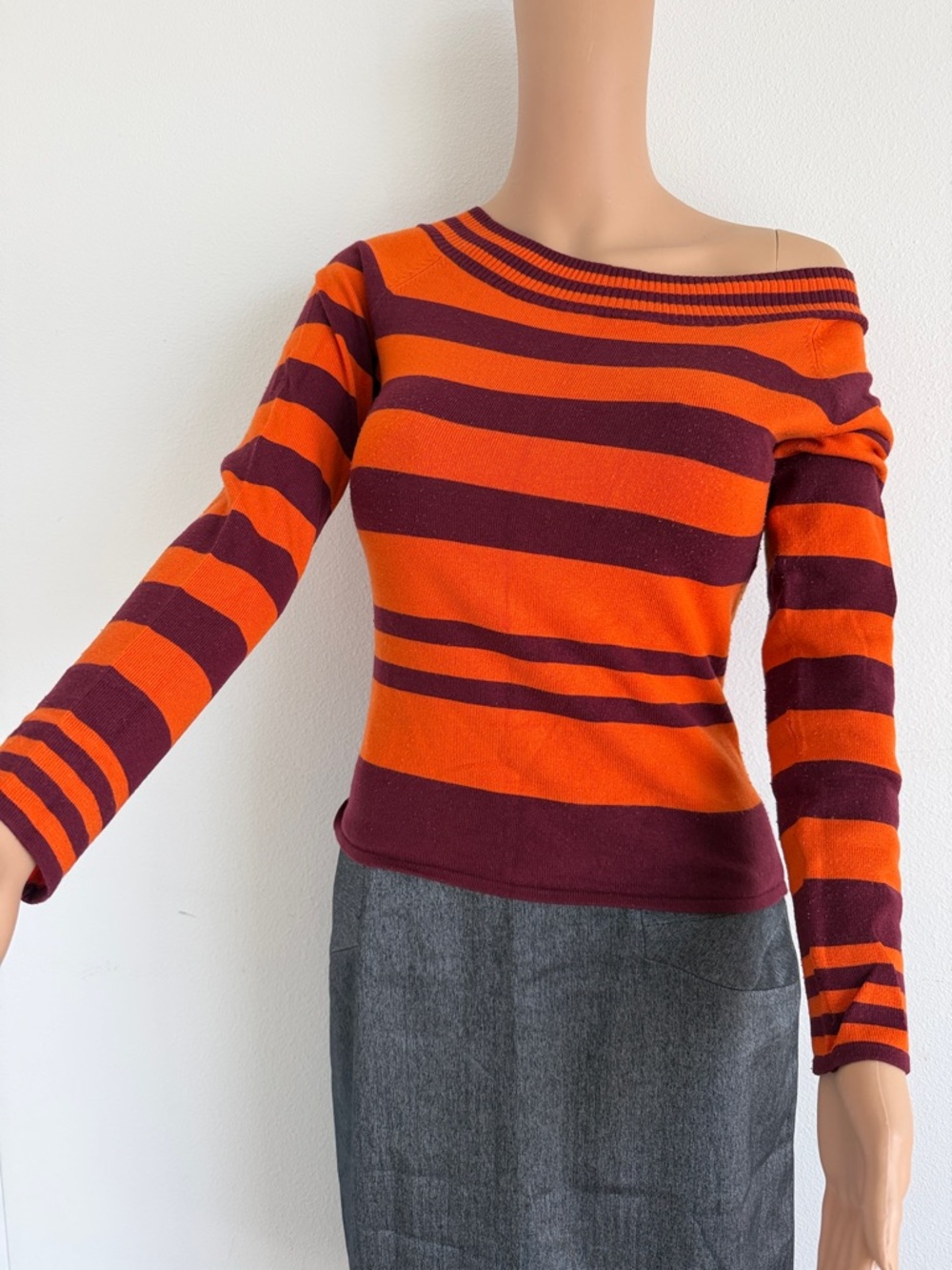 Striped Off-Shoulder Sweater in Orange and Burgundy